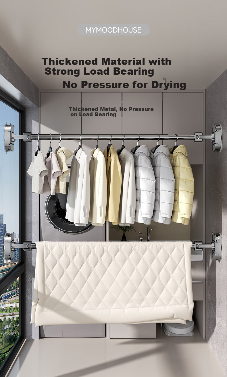 MYMOODHOUSE Suction Cup Retractable Clothes Drying Rod Balcony Indoor Corner Quilt Drying Rack No Drilling 120-200cm 4