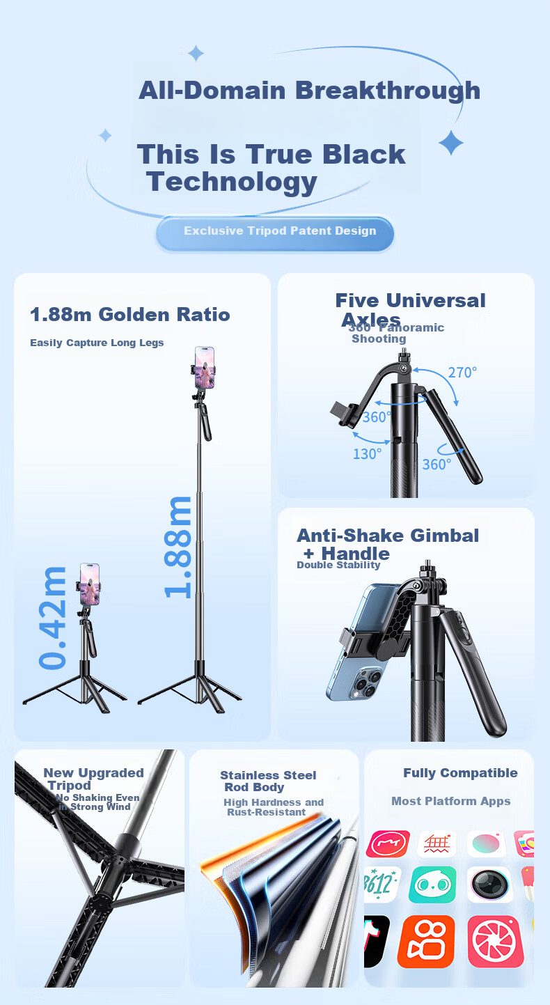Lingchen 1.88m Professional Selfie Stick Tripod Phone Holder Floor-Standing Selfie Device 360° Rotating Stabilizer Bluetooth Remote Control Travel Live Streaming Stand Single Light Version 7