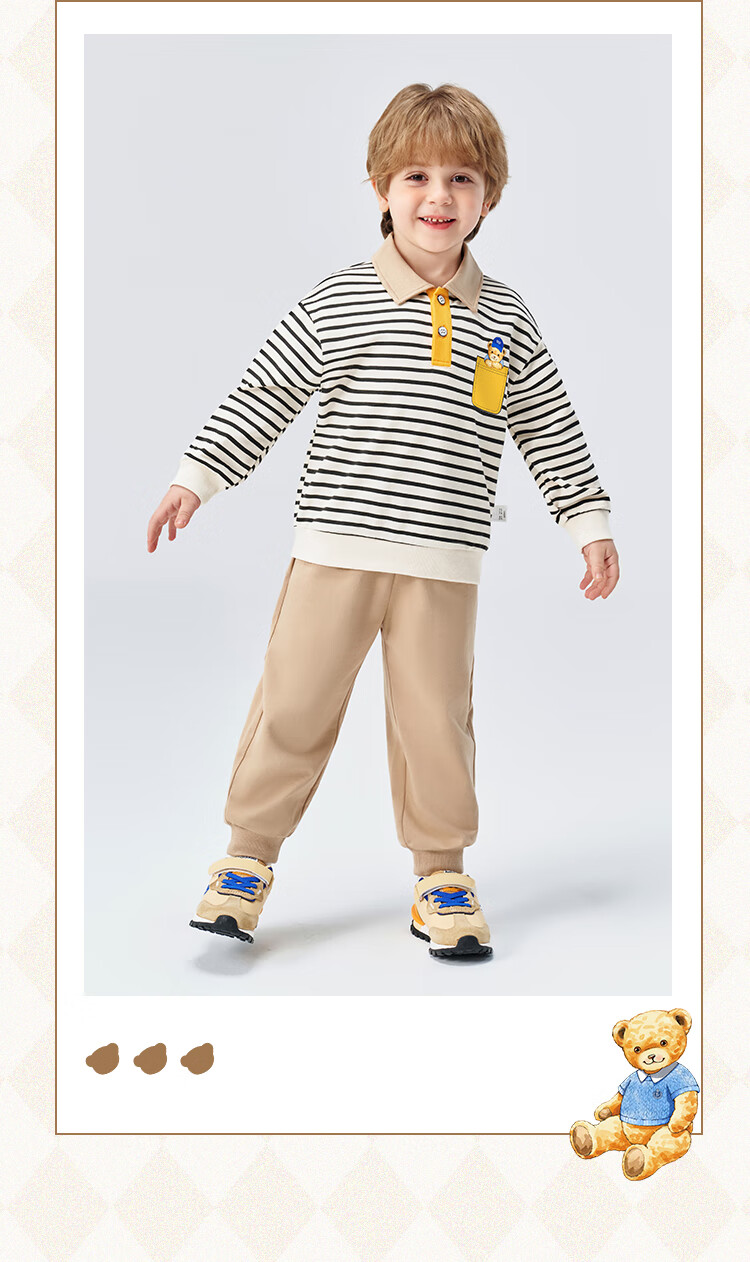 Classic Teddy Boys' Polo Shirt and Sweatpants Set, Dark Blue, Size 120, Spring Collection 11