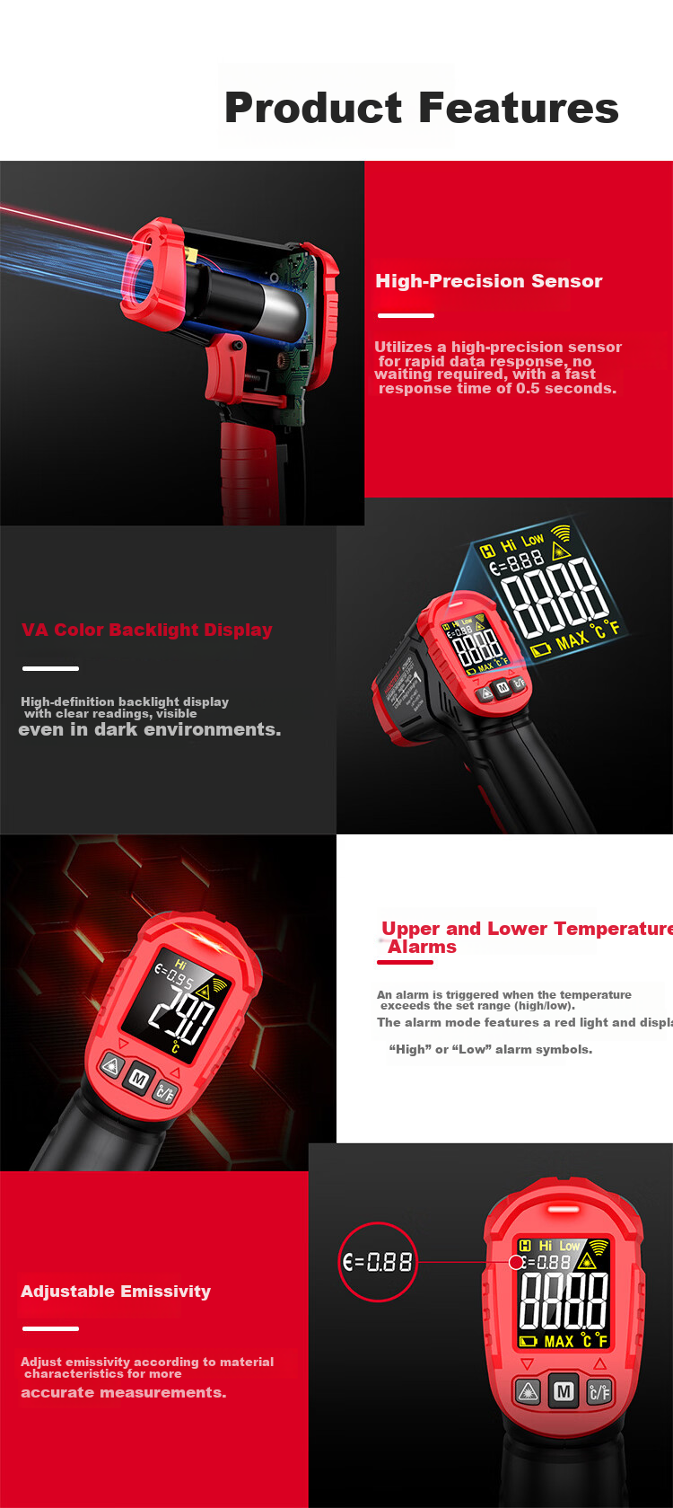 HABOTEST Infrared Thermometer High-Precision Temperature Gun Kitchen Baking Water and Oil Temperature Gun -50-600℃ 7