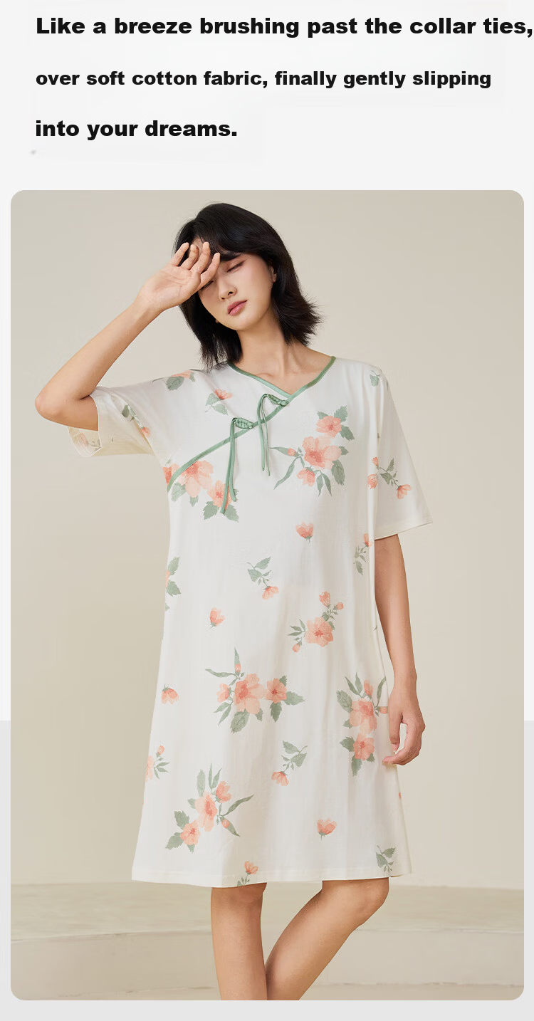 Threegun [Wind Catcher Series] Spring Summer Women's Cotton Short Sleeve Nightdress Homewear Outerwear Traditional Style Dress 8