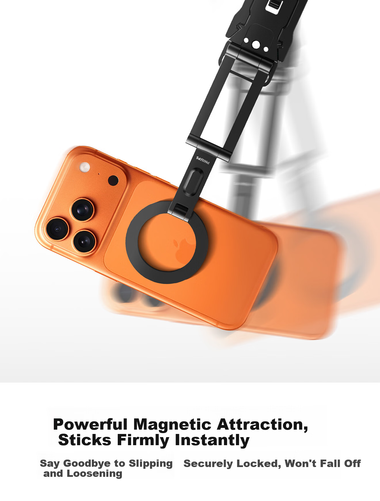 PHILIPS Dual Ring Magnetic Phone Stand, MagSafe Back Sticker, Compact Portable Folding Desktop Support, Binge-Watching Essential, Compatible with Apple And Android Phones, Finger Ring Stand 2333 Orange 5