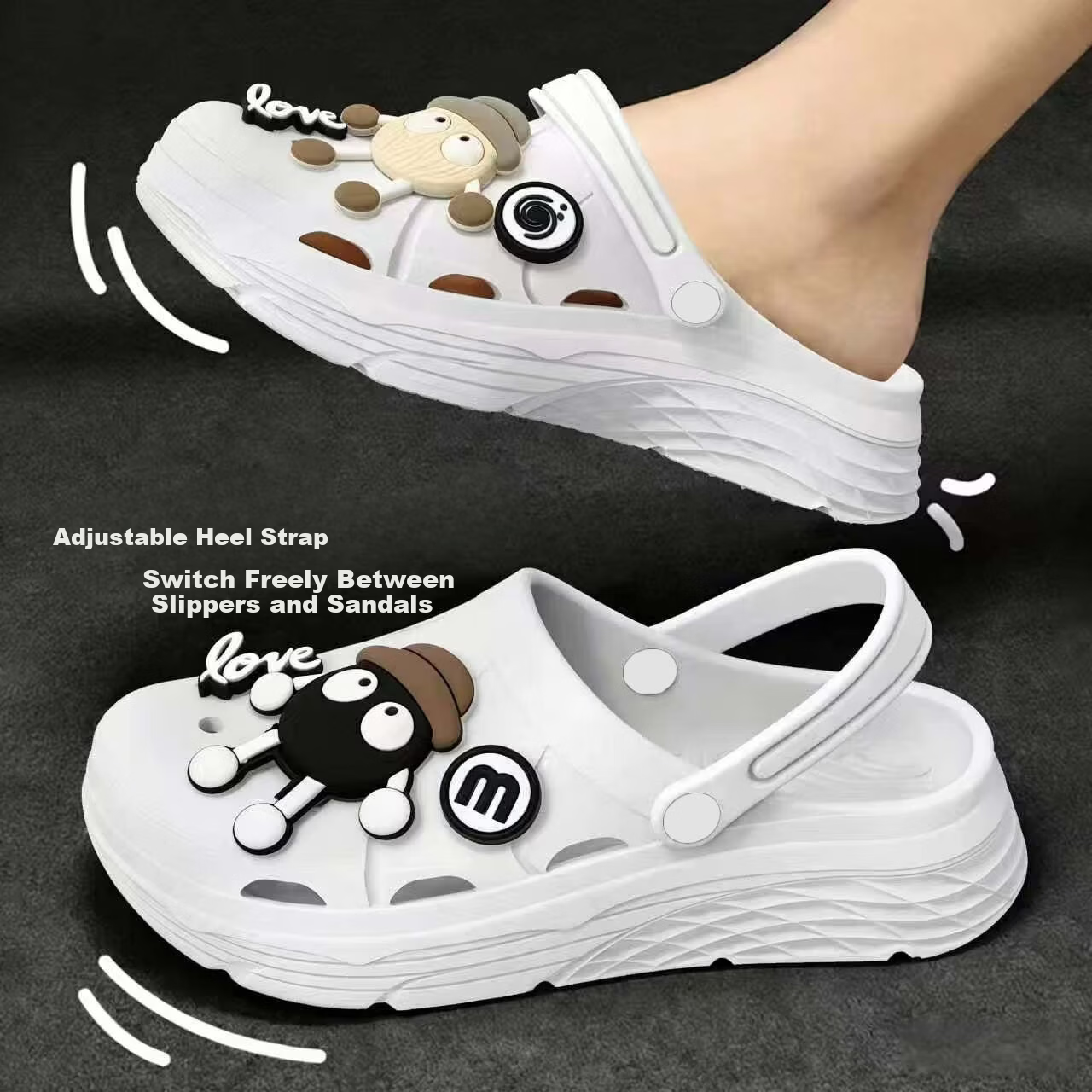 CXOCSI Women's Thick-Soled Ventilated Slip-On Summer Beach Cartoon Sandals Non-Slip Black Size 36-37 3