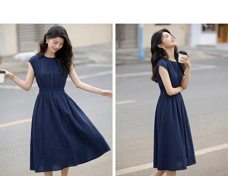 Demana [Elegance Companion] Summer Commuter Style Round Neck High Waist Cap Sleeve Lightweight Draped Mid-Length Women's Dress 11