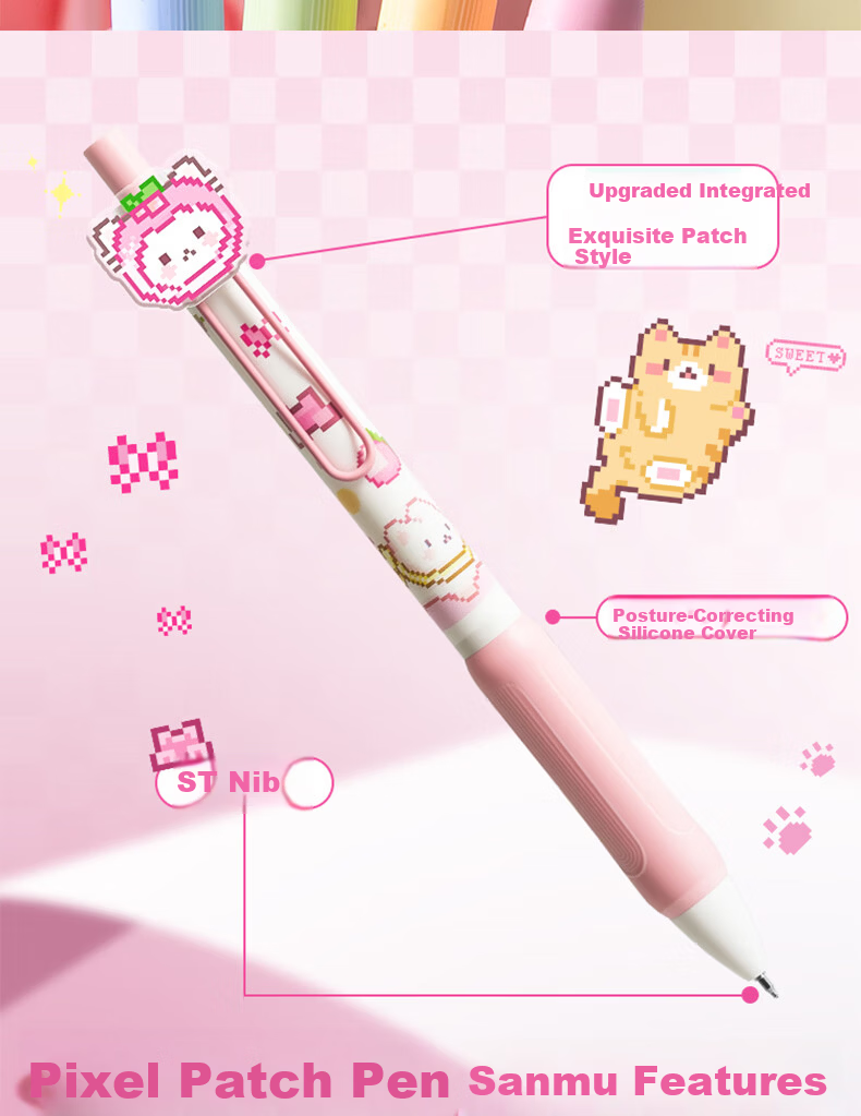 Kaba Bear Click Pixel Sticker Pen 4-Pack Posture Correcting Soft Grip Black Gel Pen 0.5mm Cute Student Quick-Dry ST Tip Exam Pen Pixel Apple Dog 2