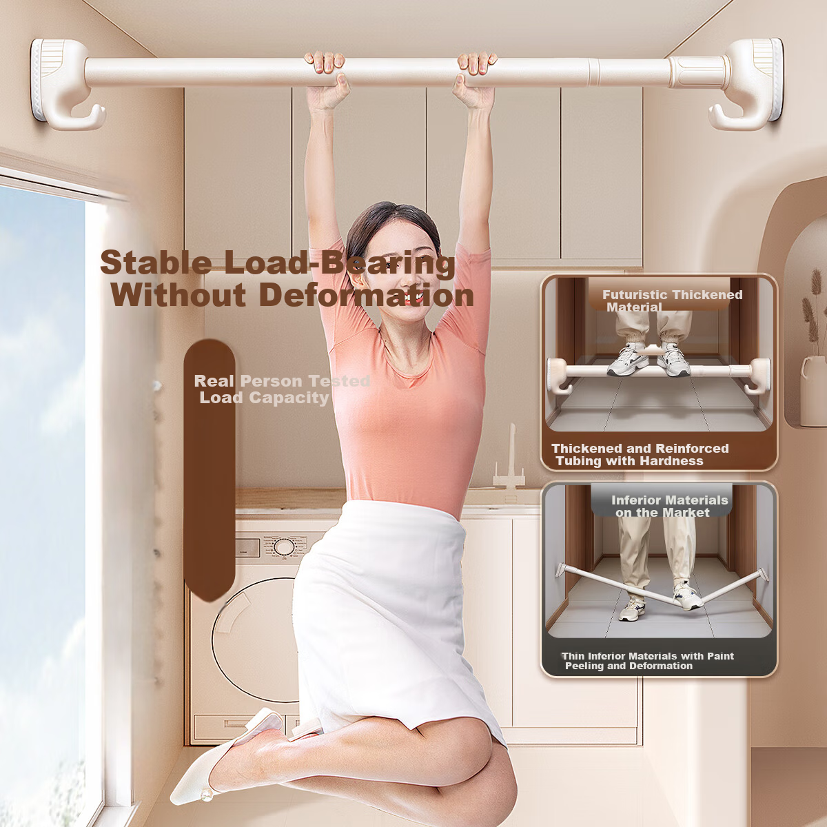Futuristic No-Drill Telescopic Clothes Drying Rod Universal Hook Balcony Wardrobe Hanging Rod Cream White 35-50cm
