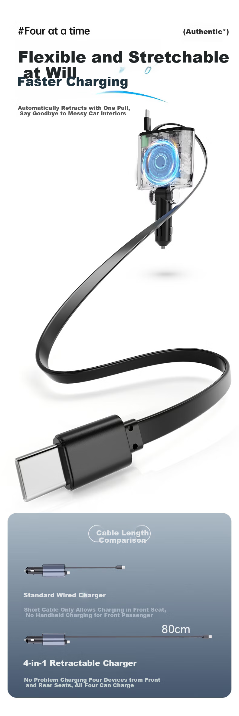 Huangchi 120W Super Fast Charging Retractable Cable Car Charger 3-in-1 Multifunctional Cigarette Lighter Adapter 10