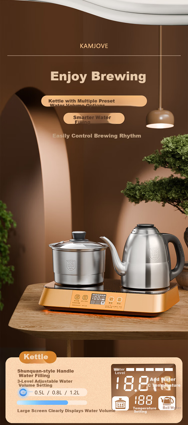 KAMJOVE EC8 Fully Automatic Water Filling Electric Kettle 1.2L 316 Stainless Steel Smart Remote Control Electric Tea Stove with Temperature Preservation and Tea Brewing Set 7