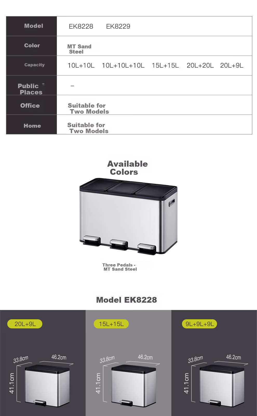 EKO 15L+15L Pedal Trash Bin Stainless Steel Commercial Large Covered Waste Bin for Office Hotel Bathroom Kitchen EK9129 14