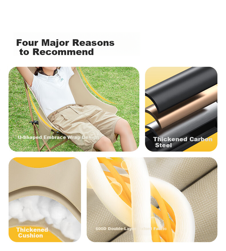 JEEP Outdoor Camping Folding Chair High Back Moon Chair Comfortable Portable Fishing Recliner - Fine Sand Yellow 3