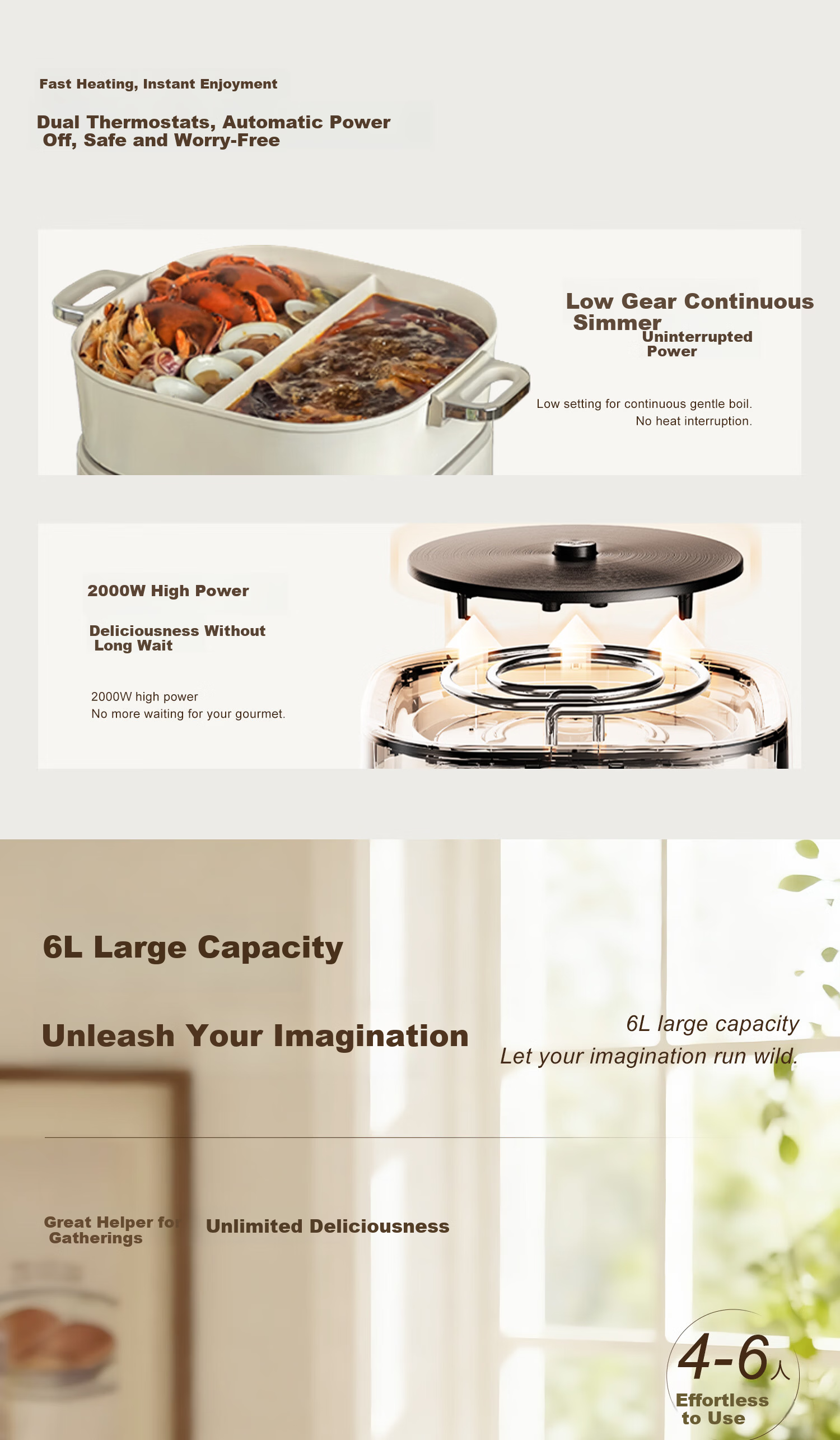 Kalstone New Multifunctional Cooking Pot Household Hot Pot High Power Detachable 6L Large Capacity Timer Steamer Cooker 3
