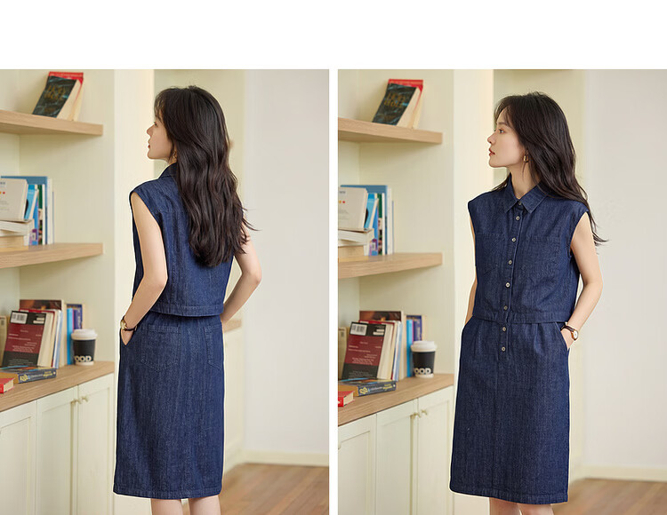 Demana Denim Cloud Oxygen Summer Vintage Faux Two-Piece Sleeveless Collared Petite Denim Dress for Women Premium Feel 9