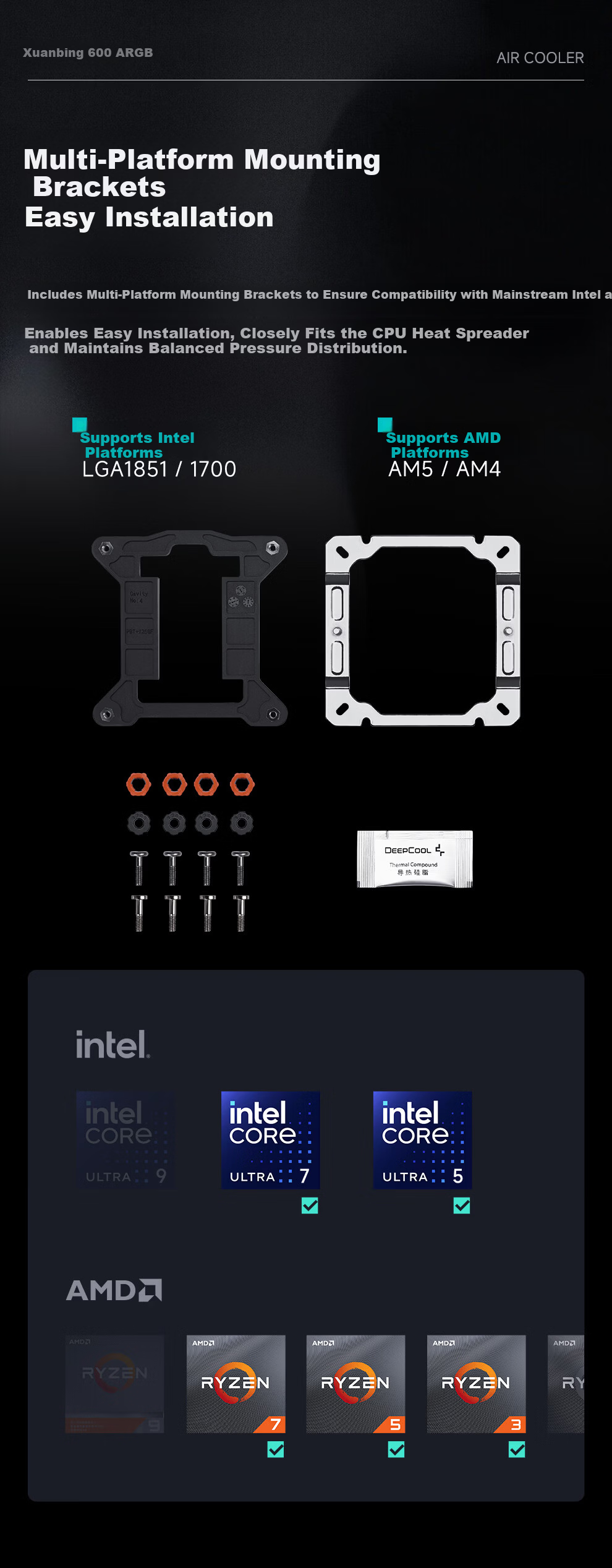 DEEPCOOL GAMMAXX 600 ARGB CPU Air Cooler 6 Heat Pipes Single Tower Offset Heat Pipe Design Wind Ring ARGB Fan Multi-Platform Support 7