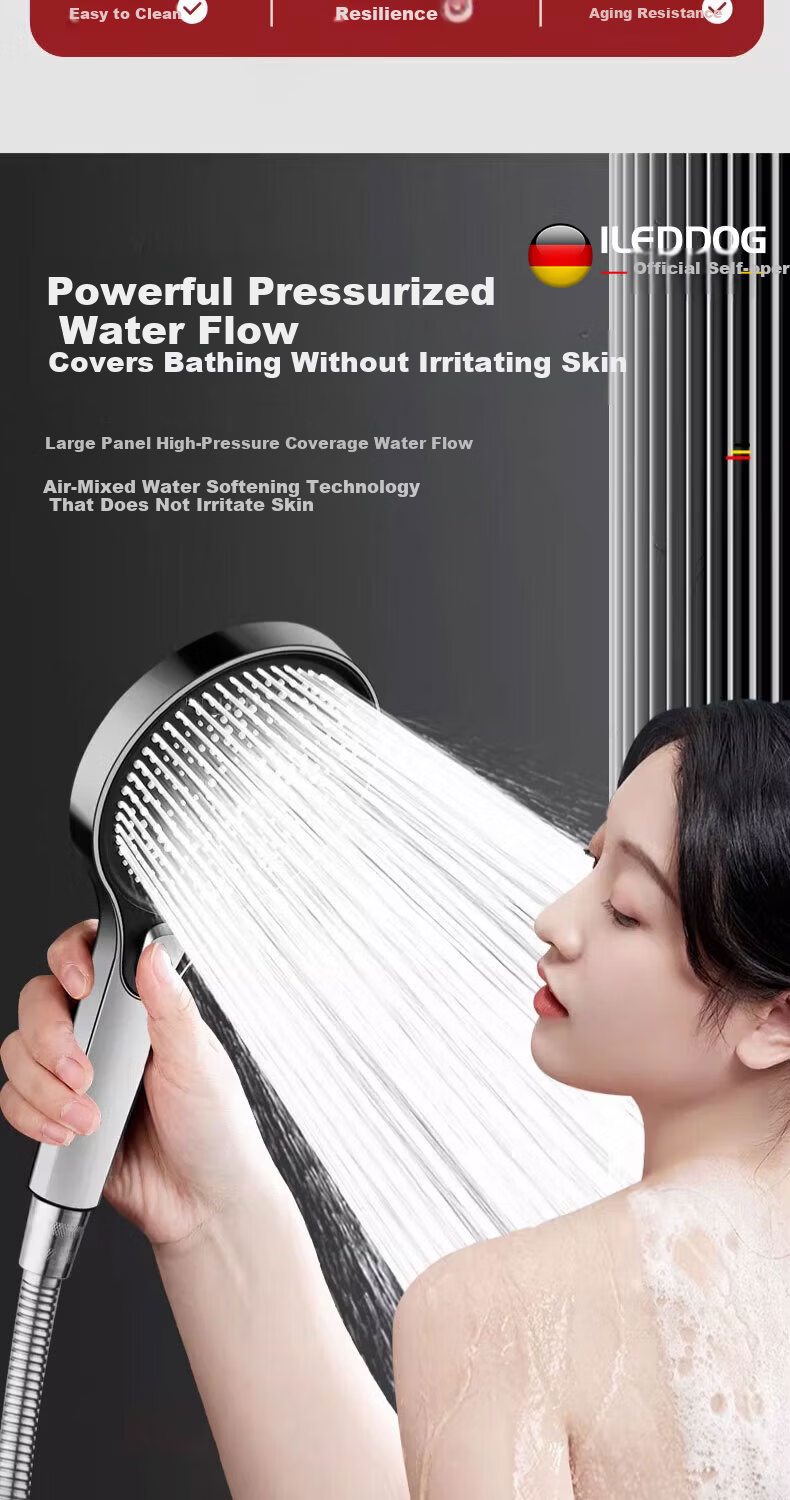 ILeddog [Germany] High-Pressure Shower Head Powerful Water Flow Home Bathroom Handheld Shower Set S0303 9