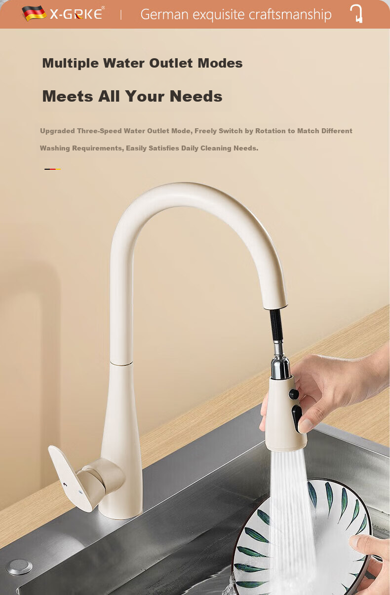 X-GRKE German Kitchen Faucet Hot and Cold Two-in-One Sink Faucet Three-Mode Pull-Out Kitchen Faucet 12