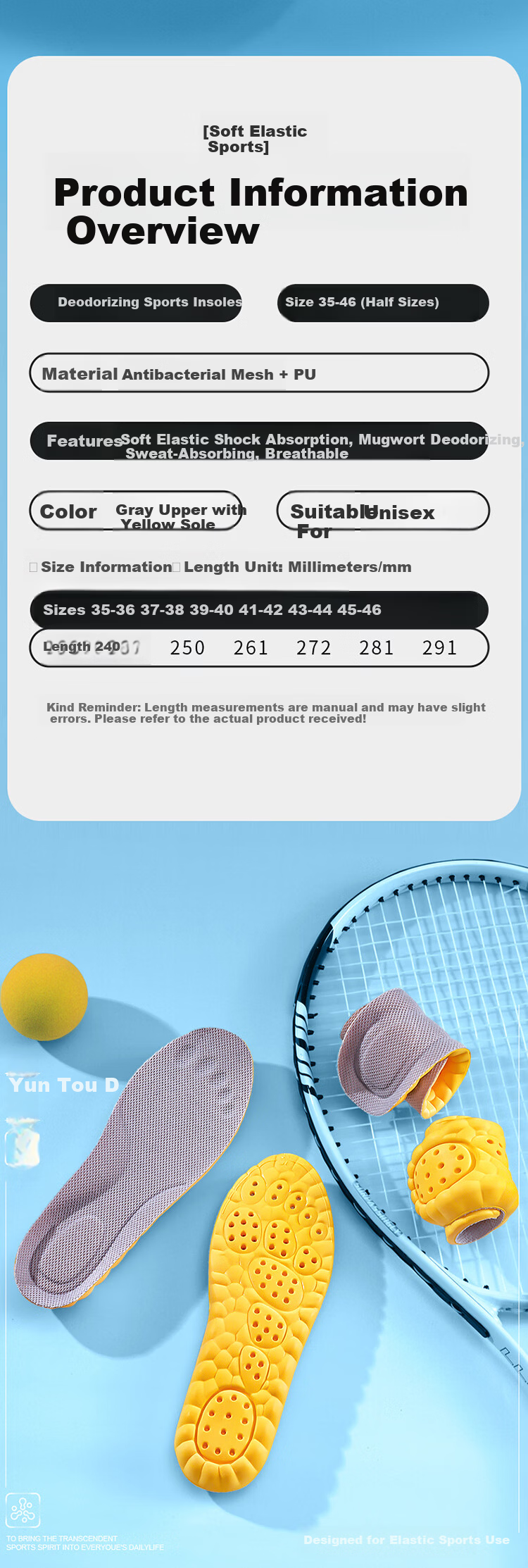 JVBV Sports Insoles Soft Elastic Anti-Fatigue High Resilience Shock Absorption Thickened Arch Support Sweat-Absorbing Breathable Size 35-36 6