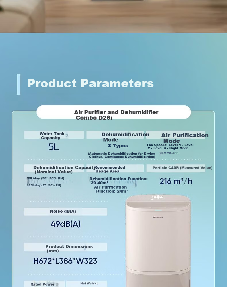 Blueair D26i Home Silent Dehumidifier and Air Purifier Combo for Damp Weather 14