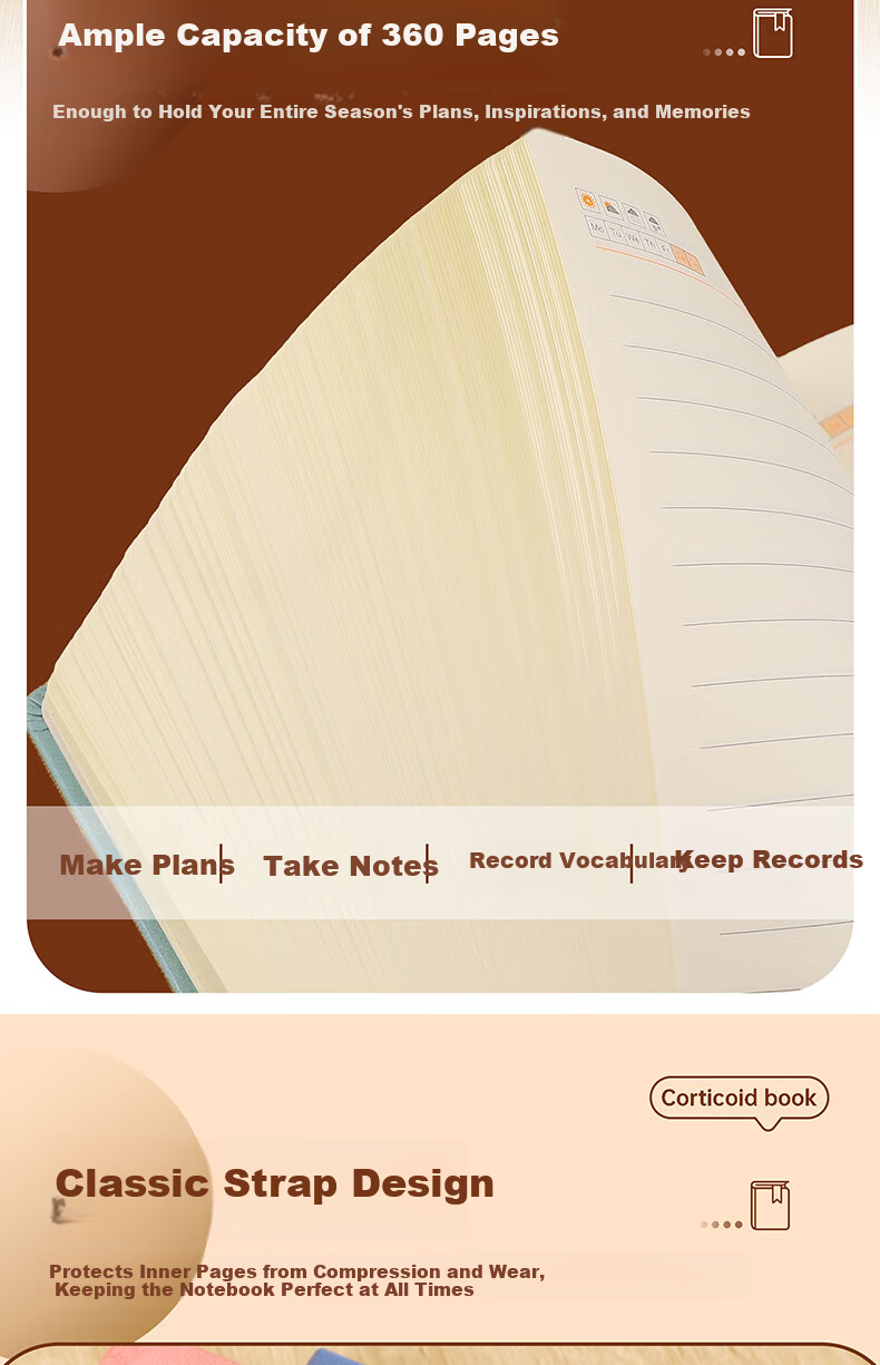 A5 Thickened 360-Page Faux Leather Strap Notebook Candy Color Business Student Simple Office Meeting Study Lined Journal Customizable 6