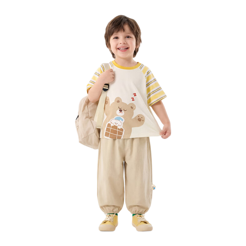 Dudu Kids [7A Antibacterial] Children's Cartoon Summer Set Baby Short Sleeve Long Pants Boys and Girls Two-Piece Summer Outfit Yellow 100