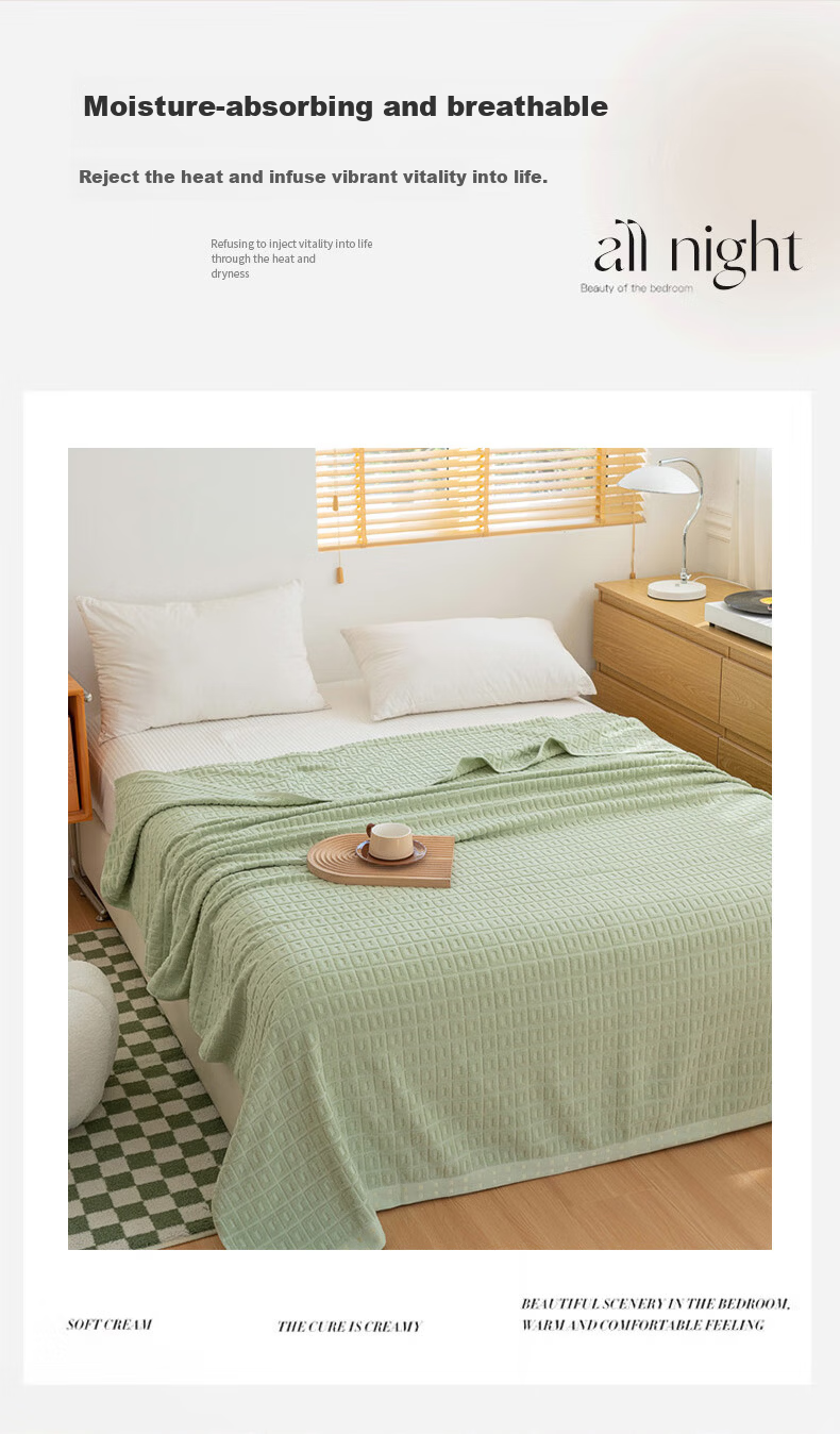 KING SHORE 100% Cotton A-Class Single Student Summer Cooling Air Conditioning Blanket Terry Towel Quilt 150*200cm Green Checkered 4
