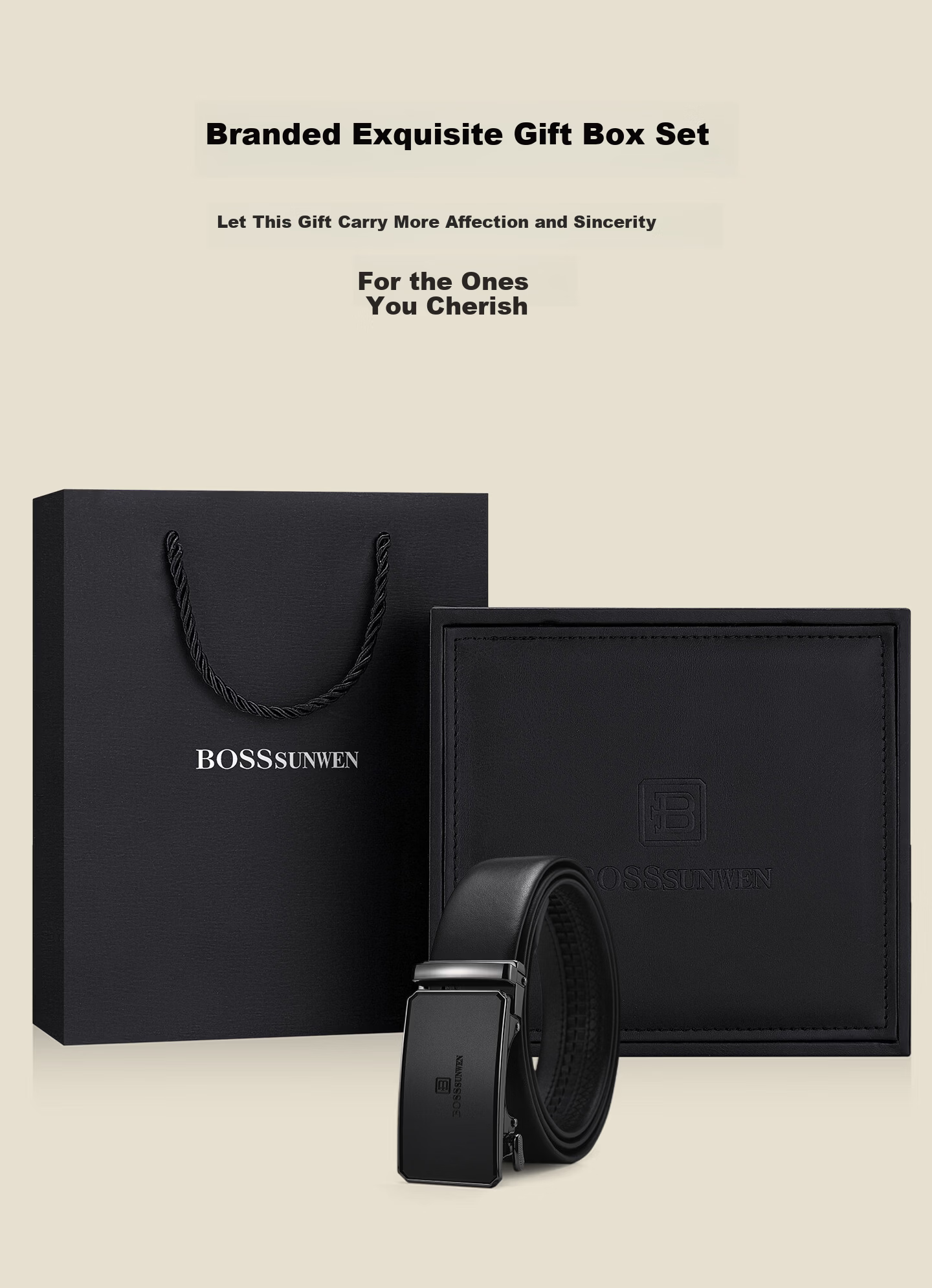 BOSSSUNWEN Men's Genuine Leather Belt Automatic Buckle Gift for Husband and Dad with Wooden Gift Box 10