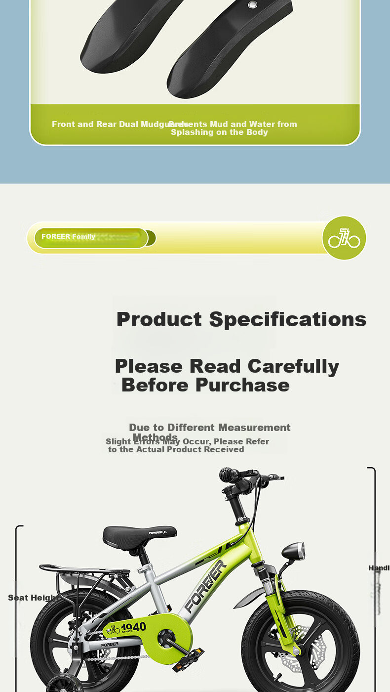 FOREVER Children's Bicycle with Training Wheels Kids Bike 3-6-10 Years Old 18-Inch Children's Bike 16