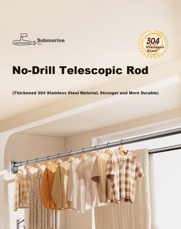 Submarine No-Drill Telescopic Clothes Drying Rod Shower Curtain Rod 304 Stainless Steel Balcony Wardrobe Clothes Rack Support 70-120cm 1