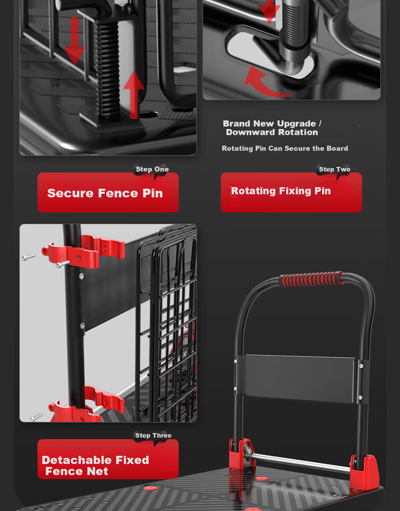 Boyun Folding Cart with Guardrail, Hand-Pulled Flatbed Trolley, Cargo Fence Cart, Small Hand Truck with Mesh Frame 4