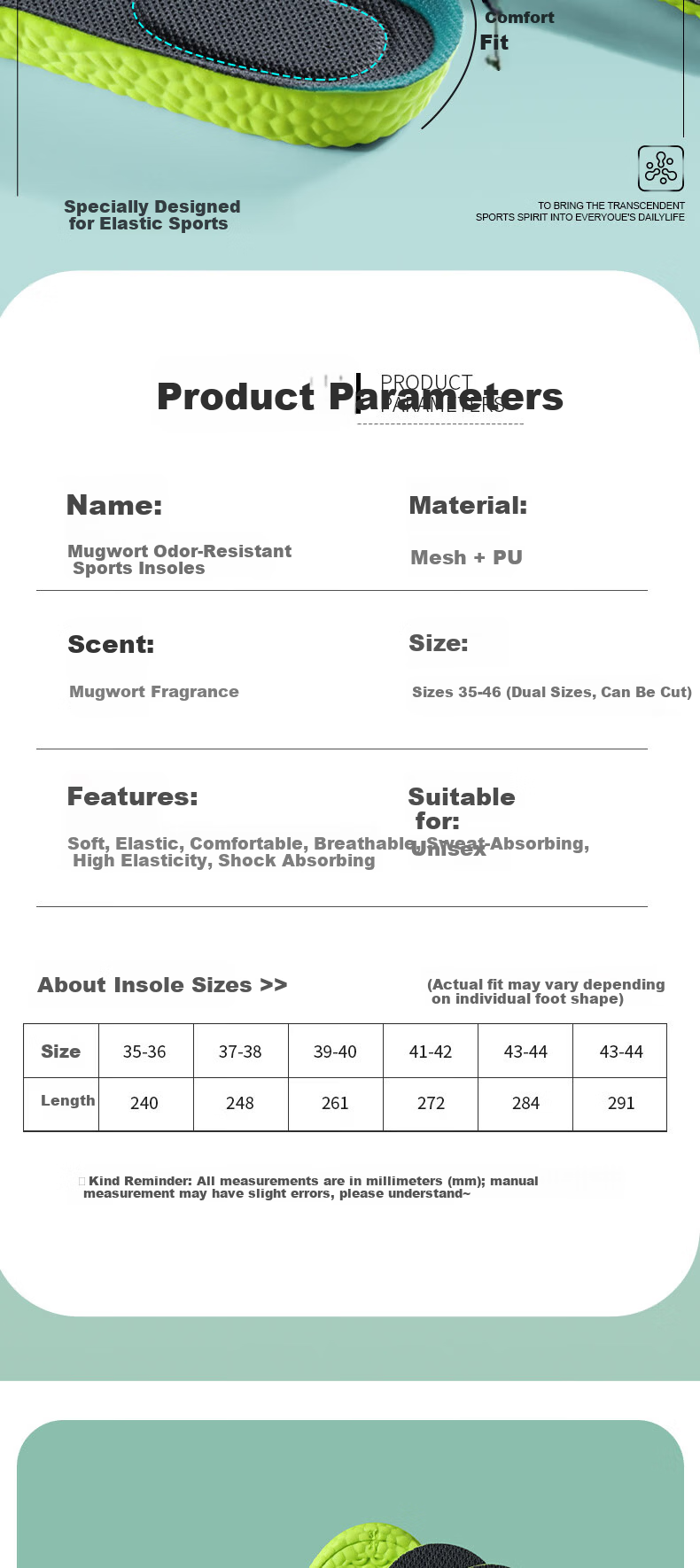 JVBV 2 Pairs Mugwort Odor-Resistant Sports Insoles for Men, Soft and Elastic, Thickened Shock Absorption, Breathable, Antibacterial, Deodorizing, Size 45-46 9
