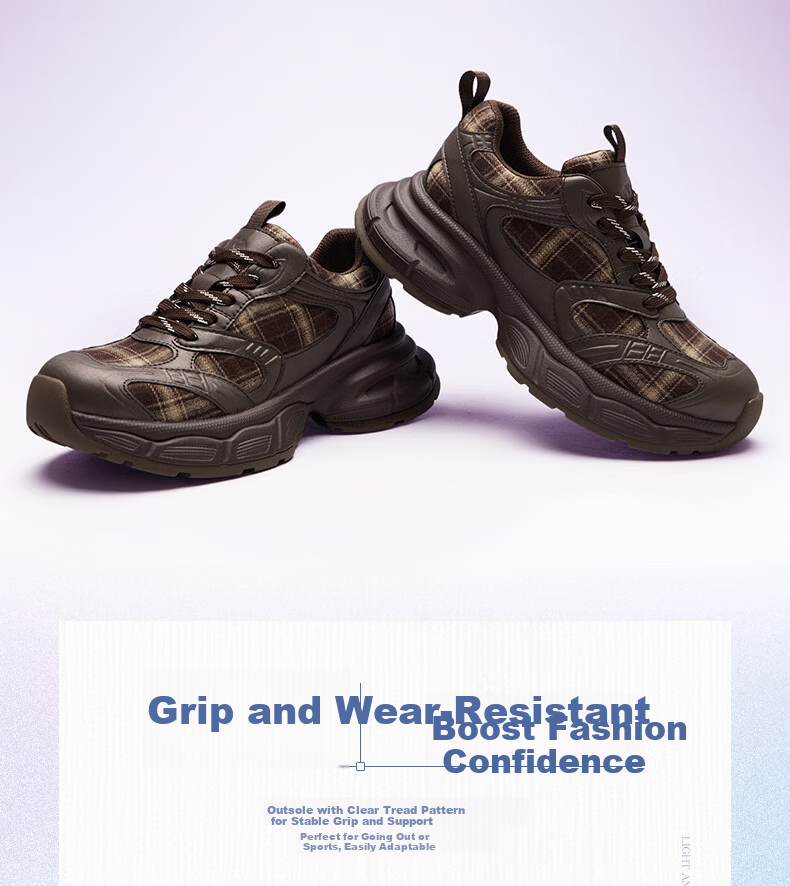 CAMEL Women's Dad Sneakers Modern Plaid Breathable Thick Sole Height Increasing Casual Sports Shoes L26S283201 Brown Size 36 7