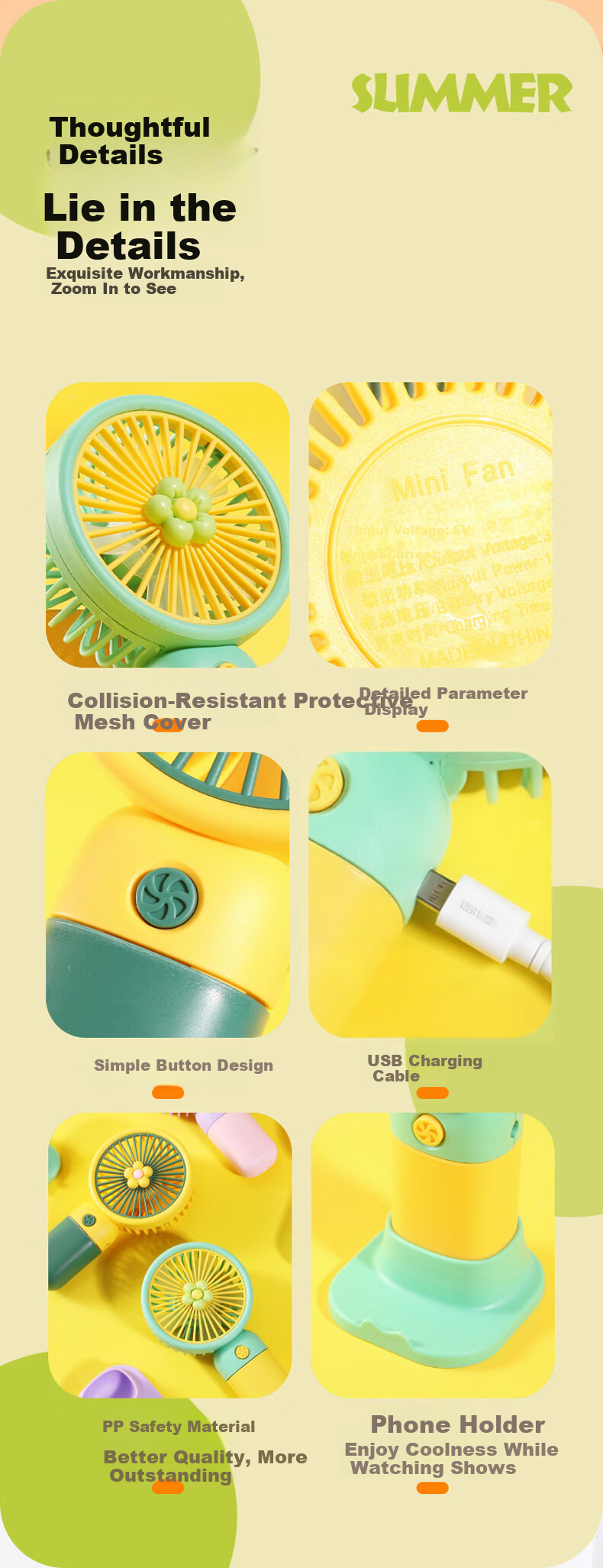 Gelite Handheld Mini USB Desk Fan Quiet Small Electric Fan Portable Rechargeable Yellow-Green for Dormitory Office Kids 9
