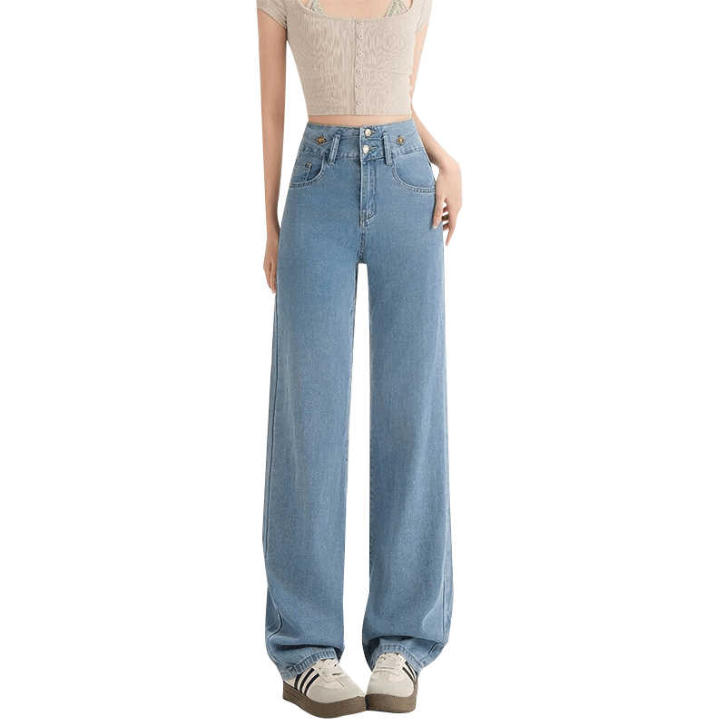 Langsha Summer Tencel Wide-Leg Denim Pants for Women Thin High-Waist Stretch Draped Floor-Length Straight Loose Ice Silk Trousers