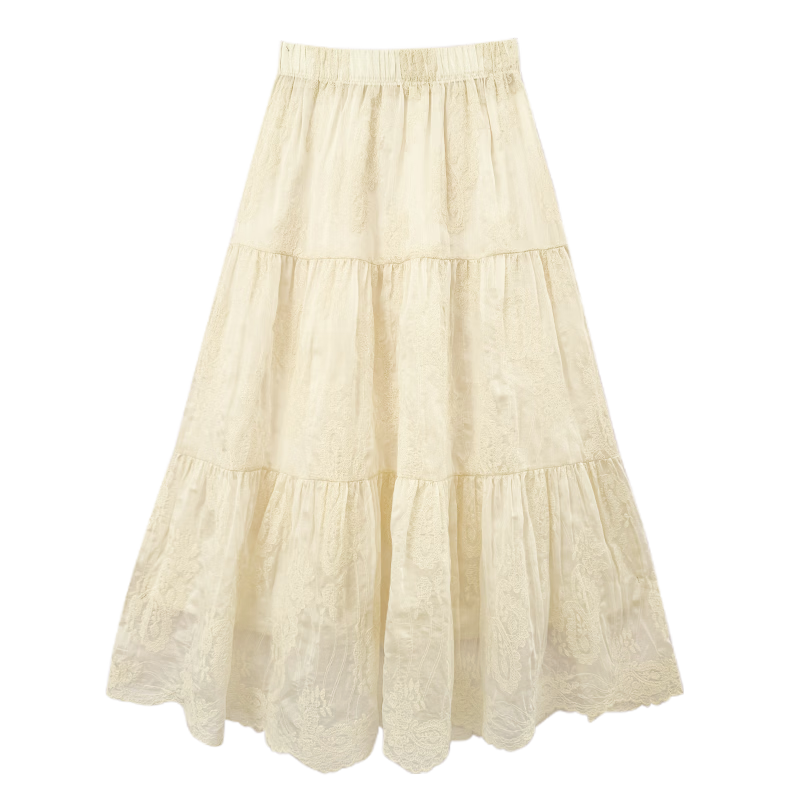 Borui French Lace Jacquard Half Skirt White 2026 New Spring Summer Slim Draped Flared A-Line Long Skirt