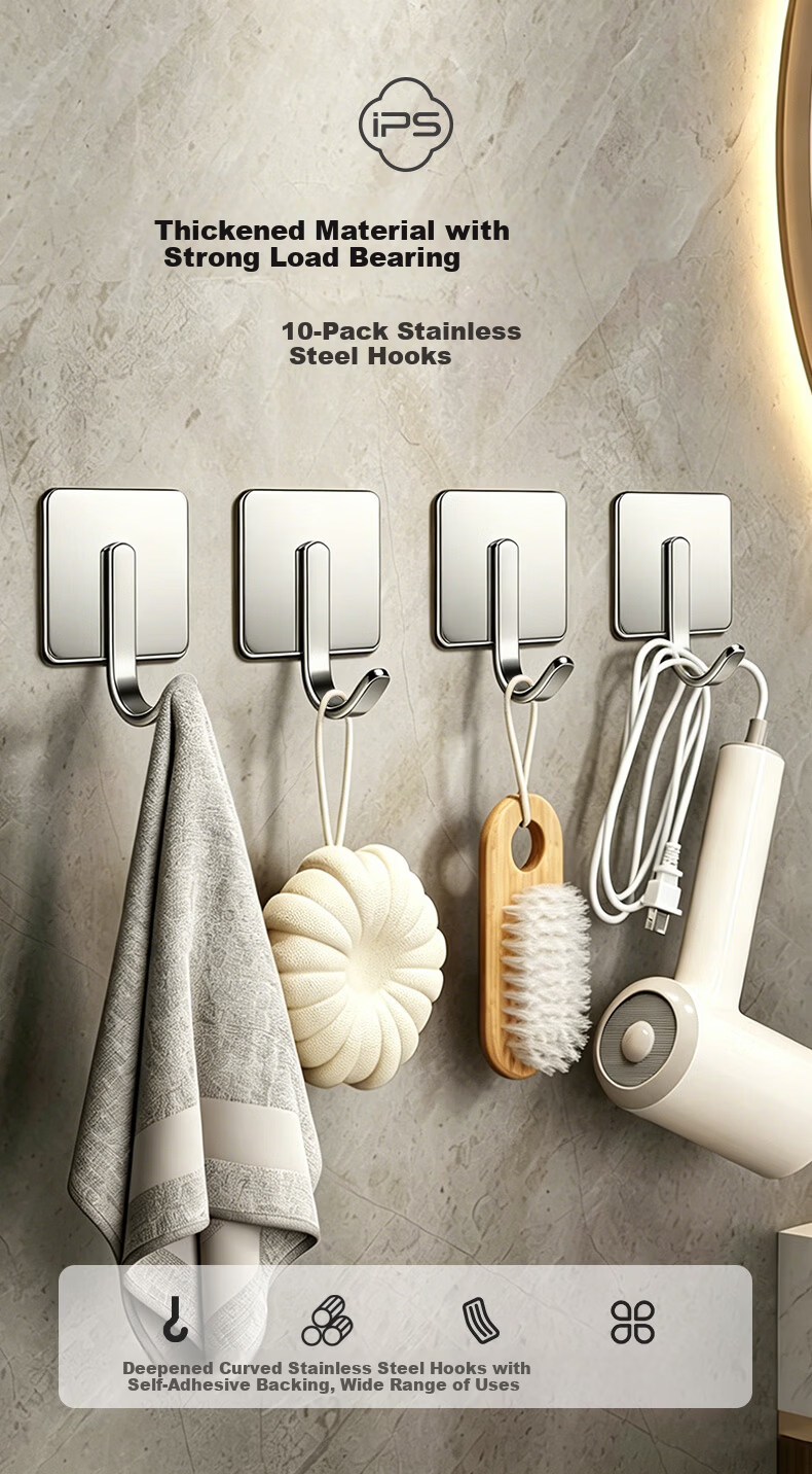 Baoshi Stainless Steel Hooks 10-Pack, No-Drill Strong Adhesive Hooks for Kitchen, Heavy-Duty Wall-Mounted Clothes Hooks 1