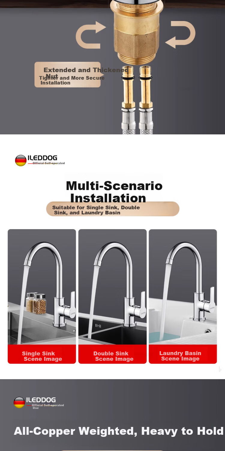 ILeddog [Germany] All-Copper Kitchen Faucet for Sink, Hot and Cold Swivel Tap CFLT-LR 6