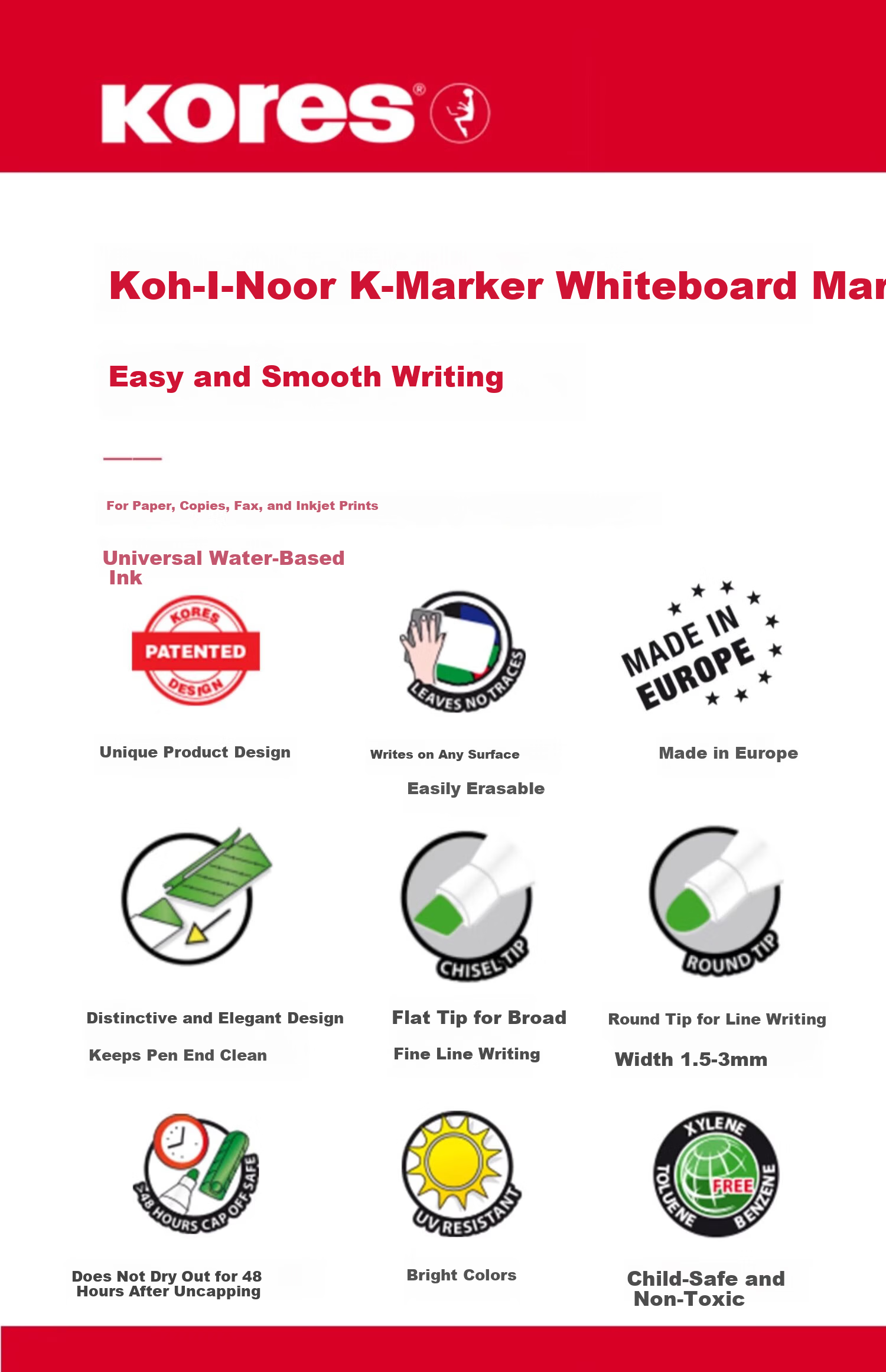 KORES European Imported Colossus Thick Erasable Colored Whiteboard Markers Large Capacity Red Blue Green Black Board Markers Writing Drawing Pens for Children and Teachers Non-Toxic Round Tip Black 4- 3