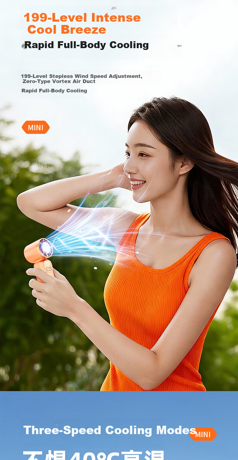 Kelang Xingsheng Handheld Fan 3000mAh Long Battery Life 199-Speed Ultra High Wind Type-C Charging Mini Outdoor Student Dormitory Silent Bladeless Fan FS966 Sky Blue 3