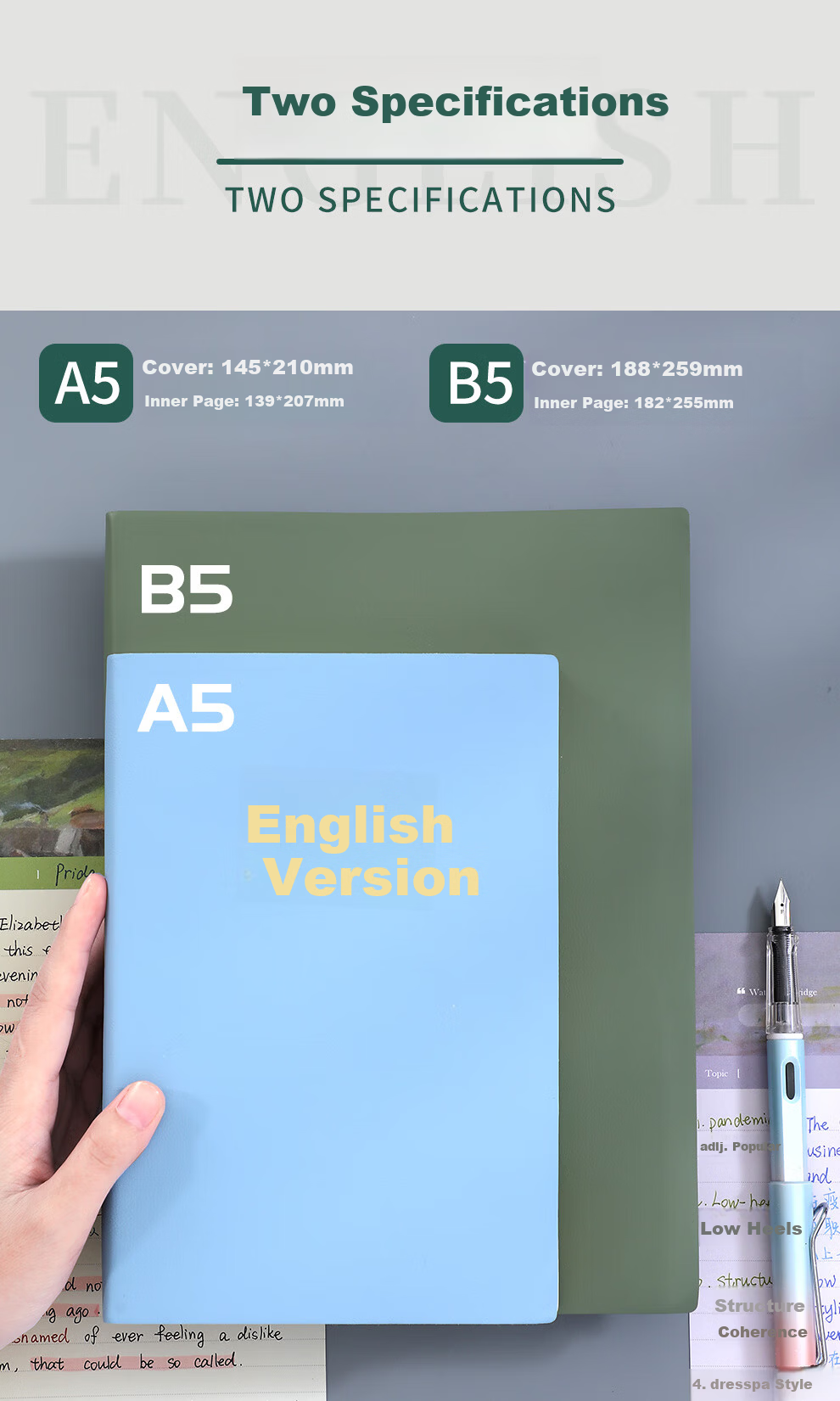 Zolan Zhe [Back to School Essential] A5 Thickened English Notebook 22K Four-Line Three-Grid English Book 16K Student Vocabulary Memory Homework Notebook College Graduate Exam English Notes Blue 8