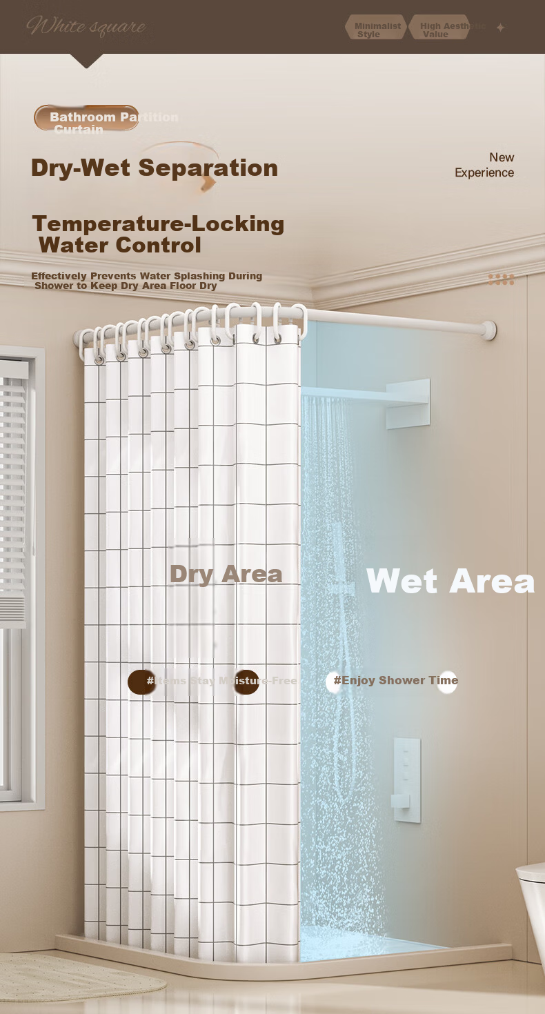 Baicaoyuan Shower Curtain Bathroom Waterproof Partition Curtain Mold Resistant 160x180cm 3