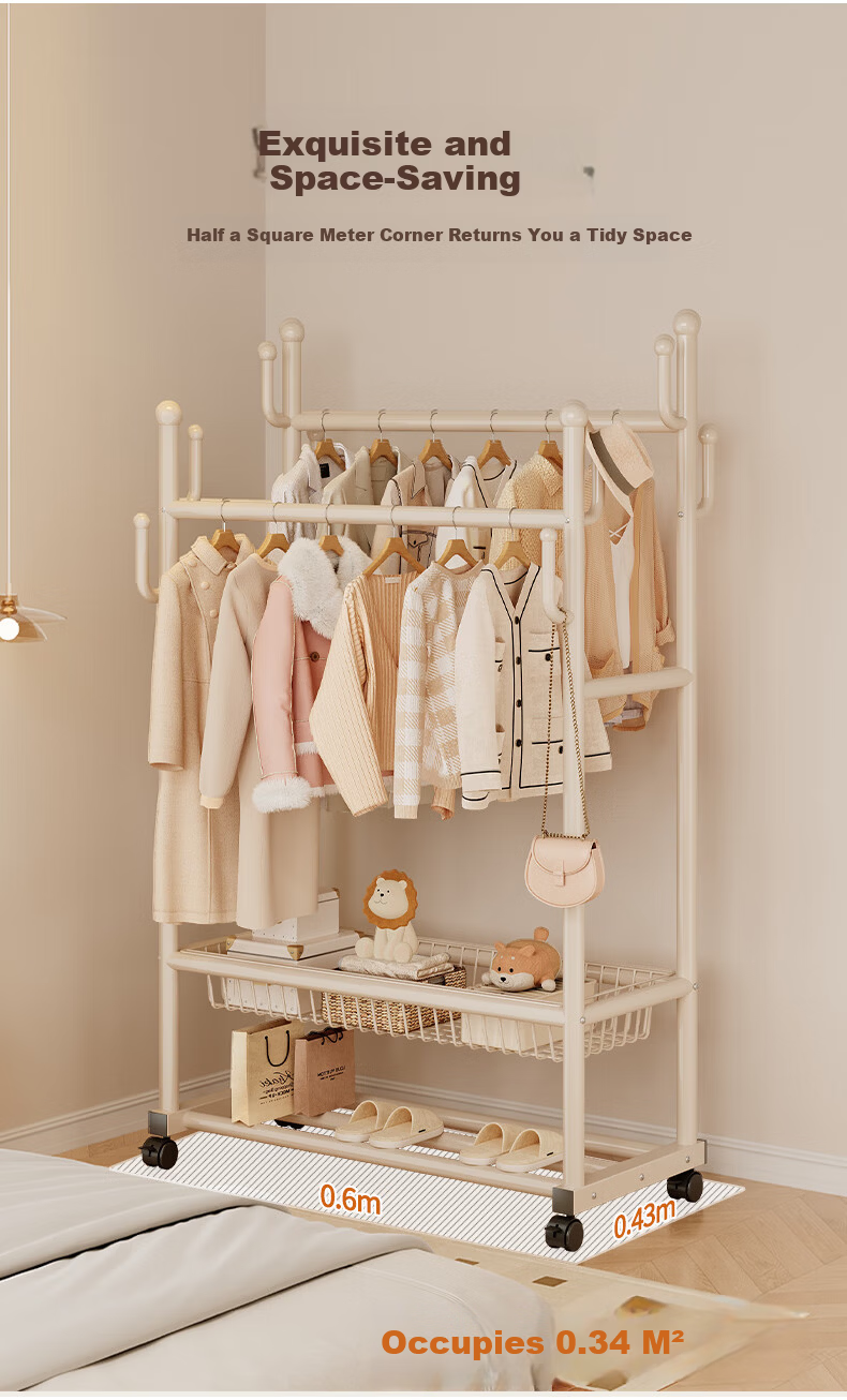 Shanshan Wooden Floor Standing Coat Rack with Shoe Shelf Clothes Hanger for Bedroom Dormitory Balcony 11