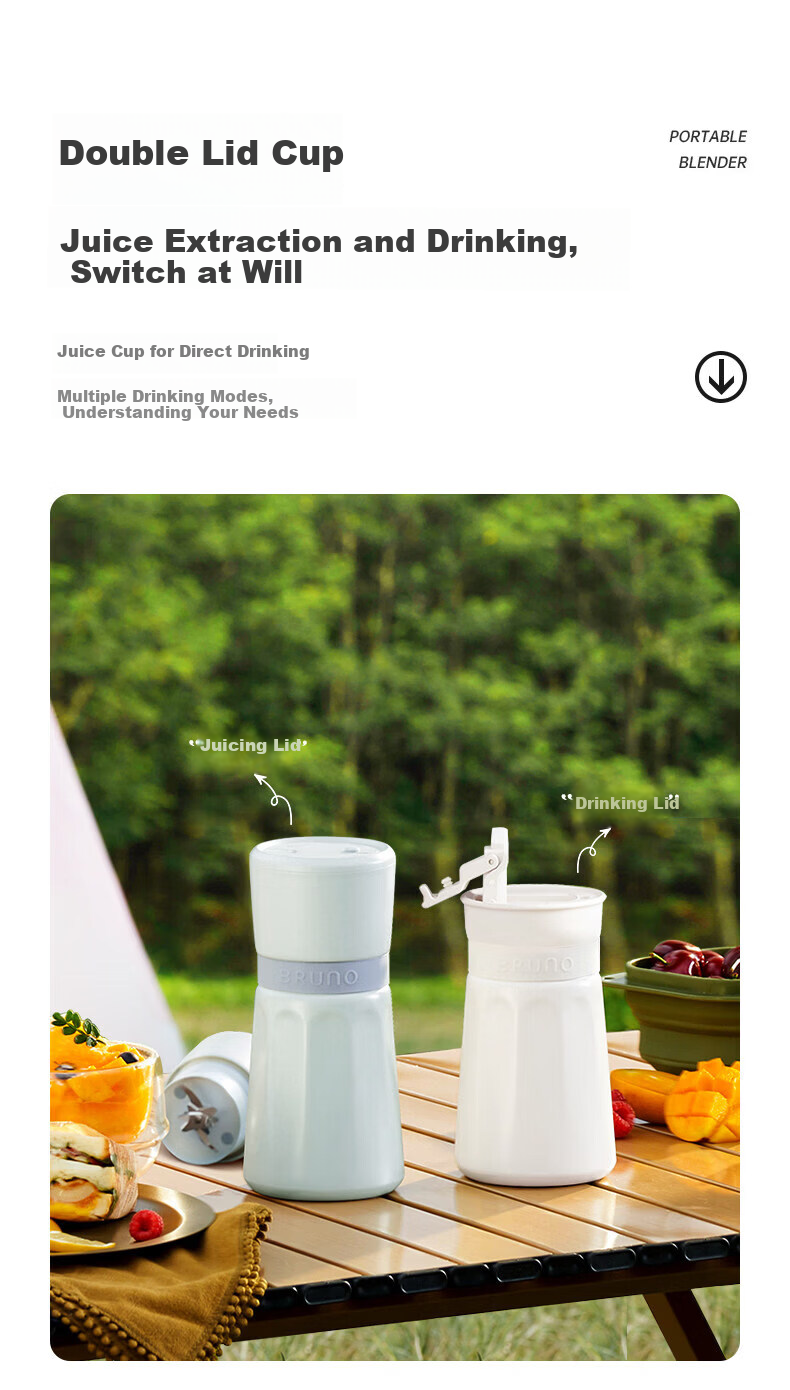 BRUNO Mini Juicer Wireless Portable Juice Cup Ice Crushing Travel Fruit and Vegetable Blender Gift for Girlfriend ZZJ04G01 Single Lid Mint Green 16