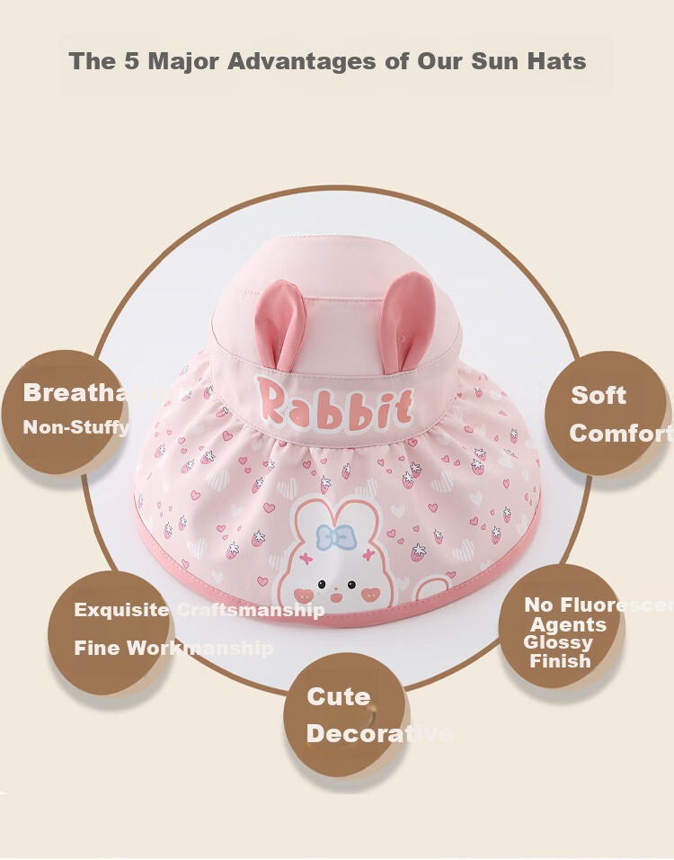 9i9 Kids Summer Sun Protection Hat Thin Girls Open-Top Wide Brim Sunshade Hat Sweet Strawberry Rabbit Ponytail 3-12 Years F36 3