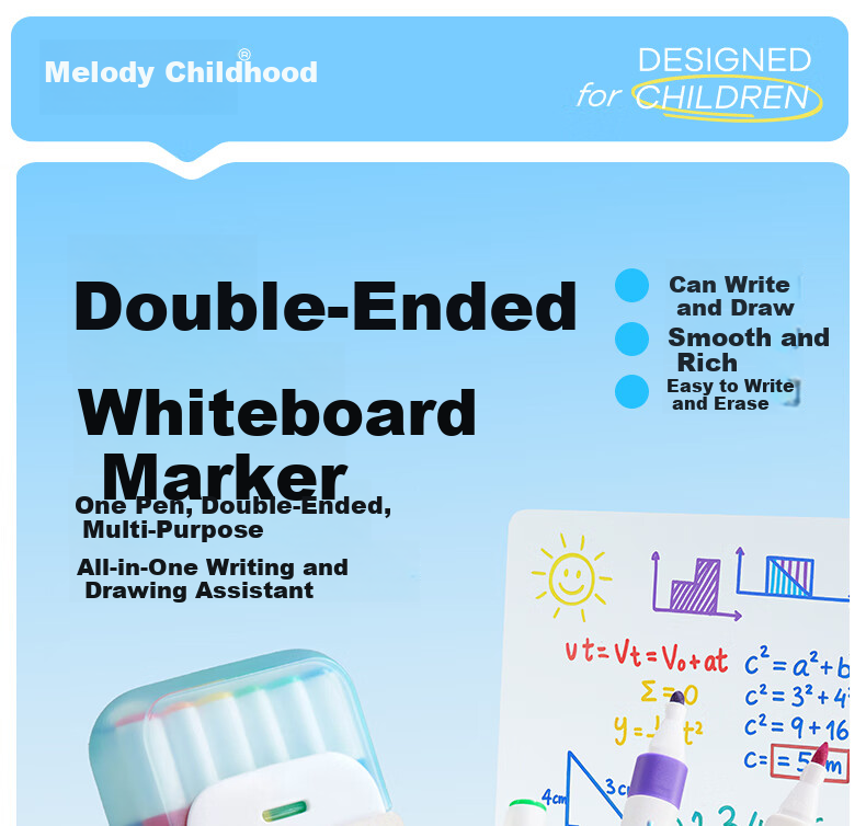 Melo Childhood Kids Double-Ended Erasable Water-Based Whiteboard Markers 12 Colors Educational Drawing Pens for Kindergarten Students Home Doodling 1