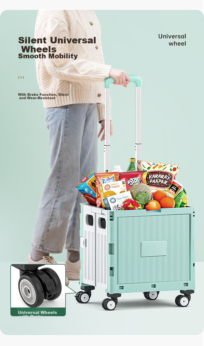 Younai Foldable Shopping Cart Portable Small Trolley Household Hand Cart with Cover 4 Wheels for Grocery and Parcel Pickup 7