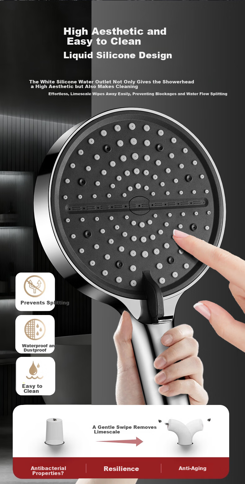 MUGE High Pressure Shower Head Powerful Water Flow Universal Single Head Handheld Bathroom Shower Sprayer 6