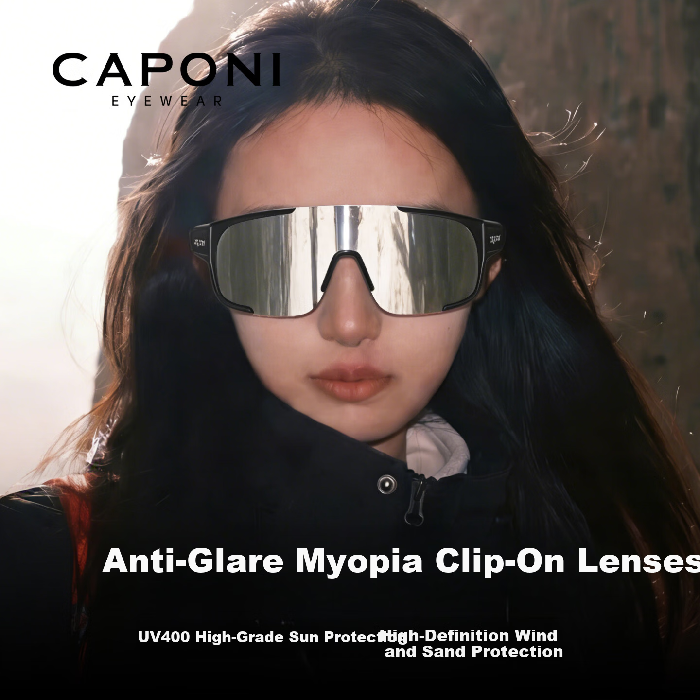 CAPONI Polarized Sports Windproof Outdoor Sunglasses for Women with Prescription Clip-On, UV Protection, Cycling and Mountaineering Goggles Compatible with Glasses