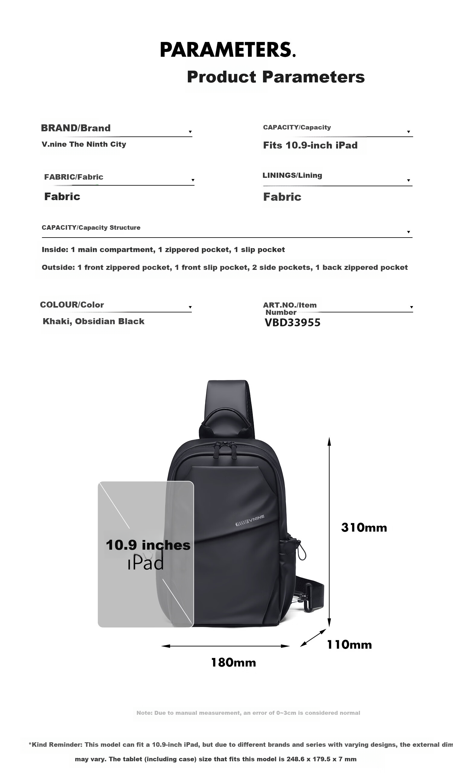 V.NINE Men's Chest Bag Crossbody Casual Shoulder Bag 10.9-inch iPad Phone Outdoor Sports Cycling Bag for Women 11