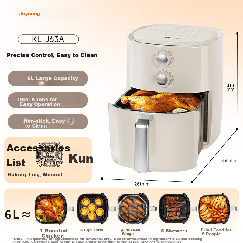 Joyoung Air Fryer Household Smart Multifunctional Steam Oven Combo Oil-Free Fryer 6L French Fries Machine KL-J63A