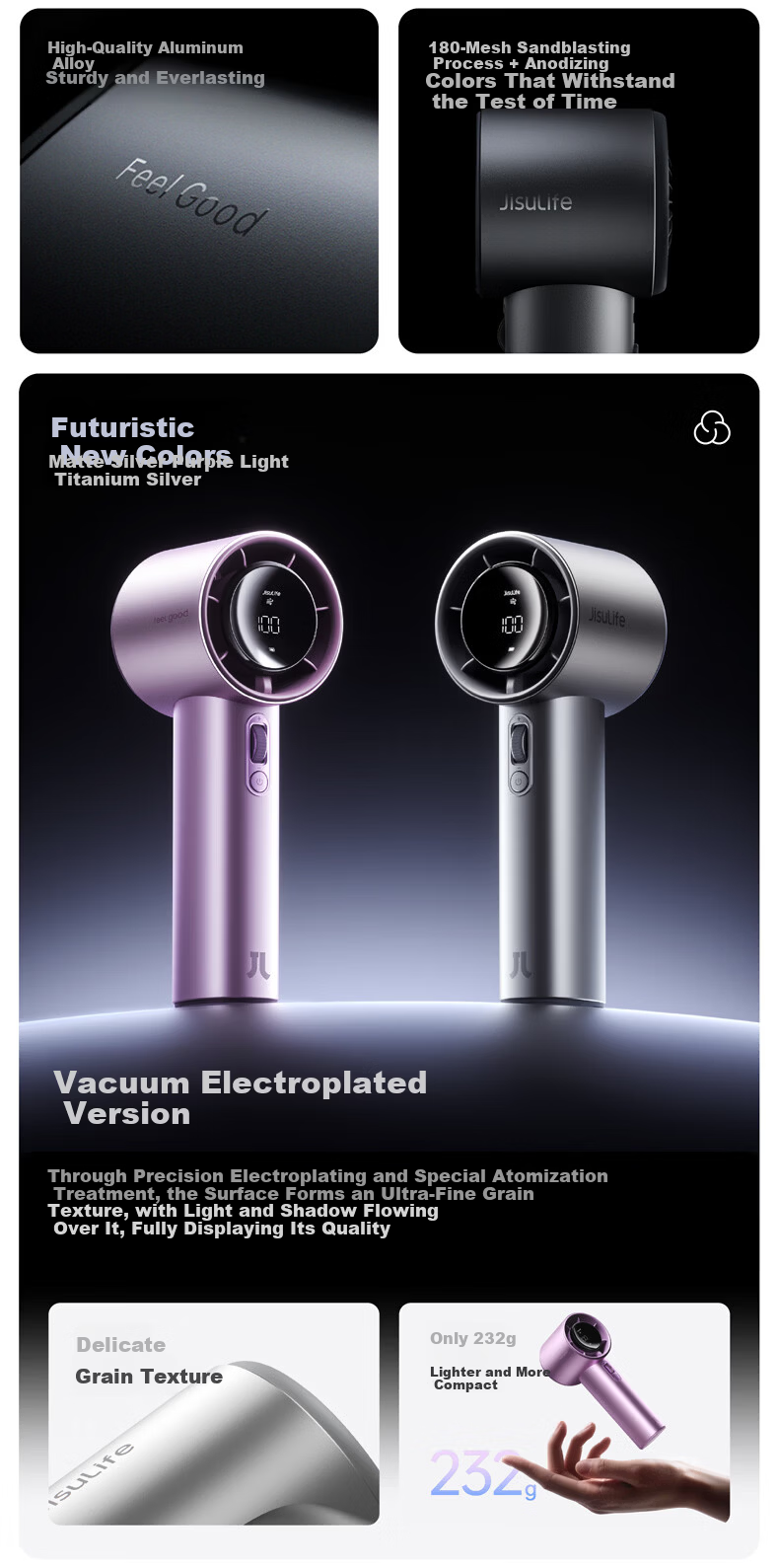 Jisu (JISULIFE) Handheld Mini Fan, High-Speed Energy-Saving Air Blaster, Compact Portable Powerful Long-Lasting Rechargeable Electric Fan, Pro1s Silver 8
