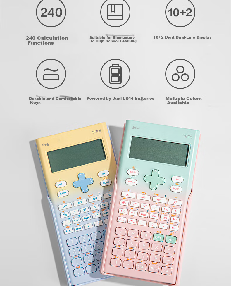 Deli Fashion Function Calculator Dual-line LCD Large Screen 240 Functions Exam Calculator (Suitable for Middle and High School) Gradient Pink TE705 2